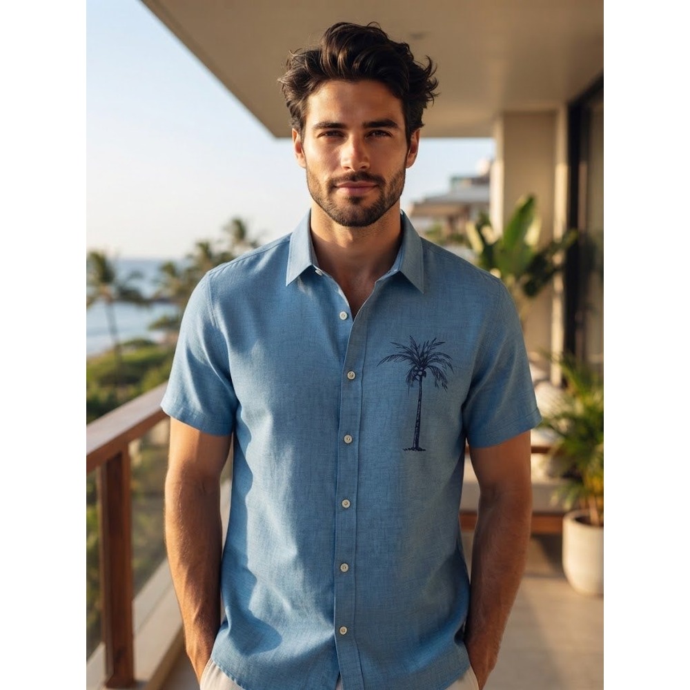 Hardaddy Mens L Palm Tree Graphic Blue Short Sleeve Button Up Shirt Resortwear